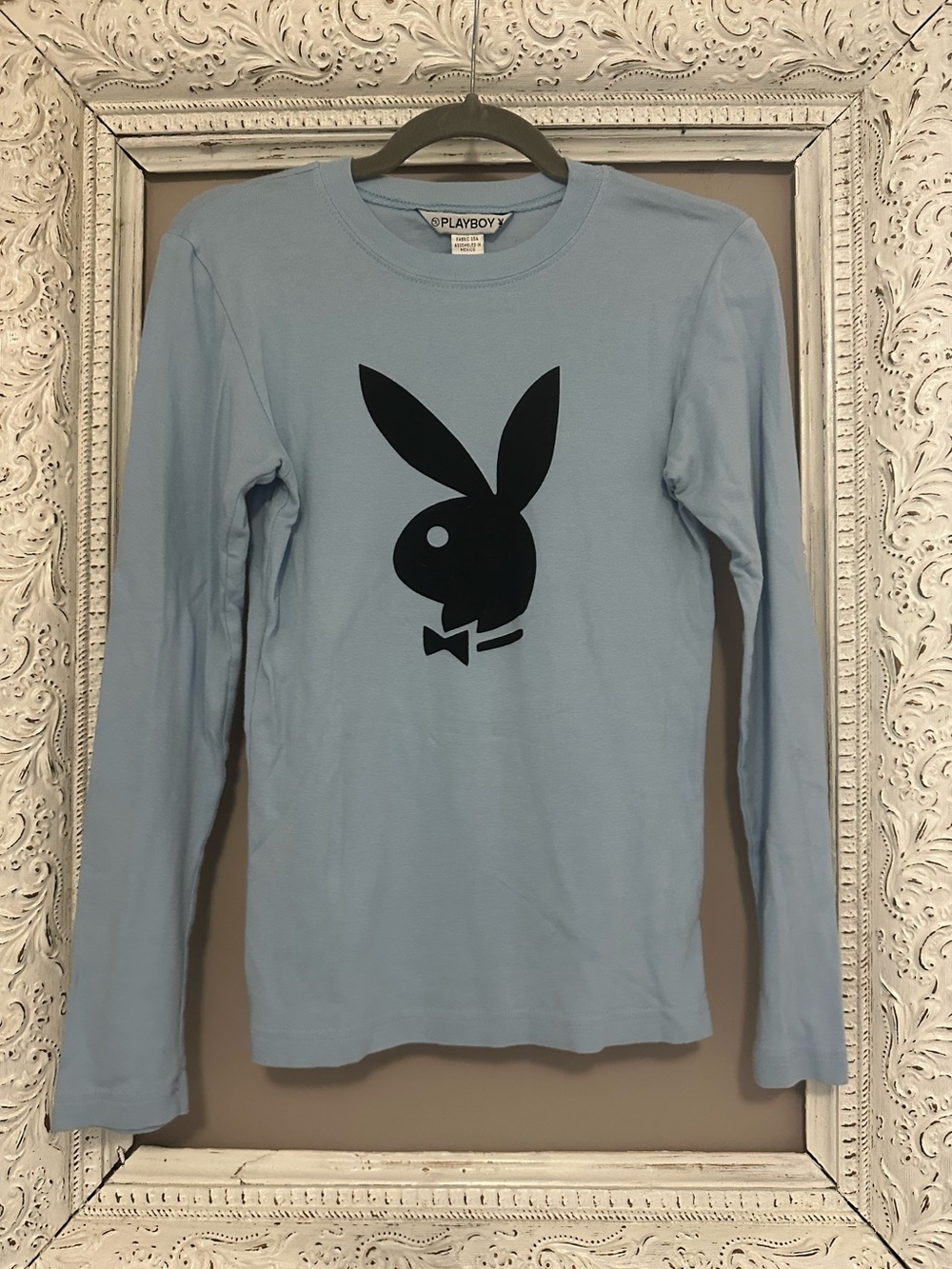 Vintage PLAYBOY Baby Blue Long-Sleeve Tee with Black Bunny Graphic. Size M/L